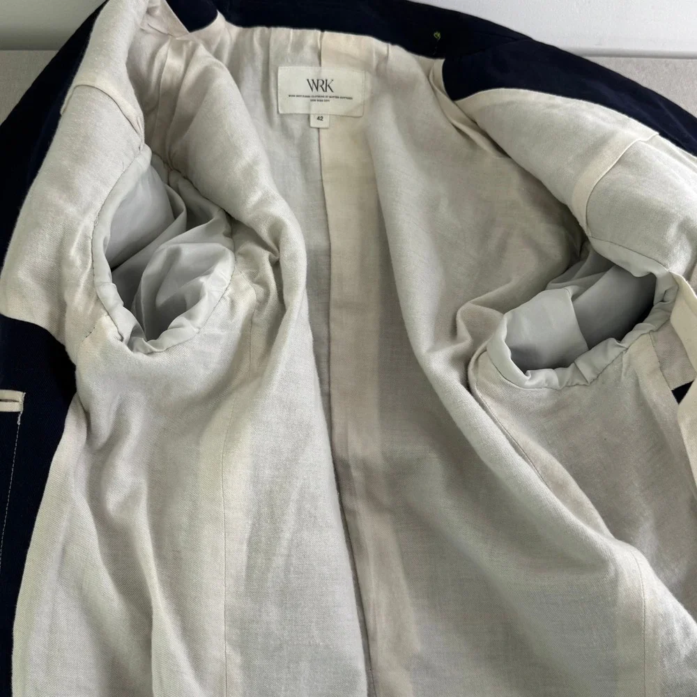 W.R.K. NY Blue 2‎ button blazer suede elbow patches Size 42